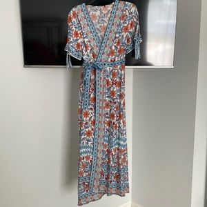 Blue orange red and white floral wrap midi dress